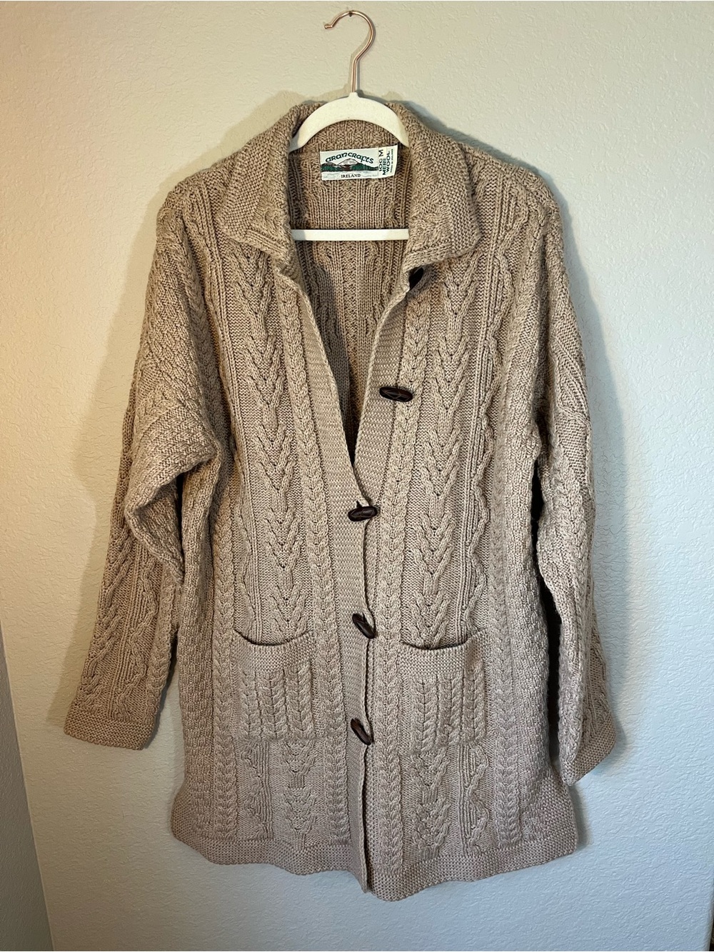 Aran Crafts Ireland 100% Merino Wool Cable Knit Cardigan Sweater Coat M